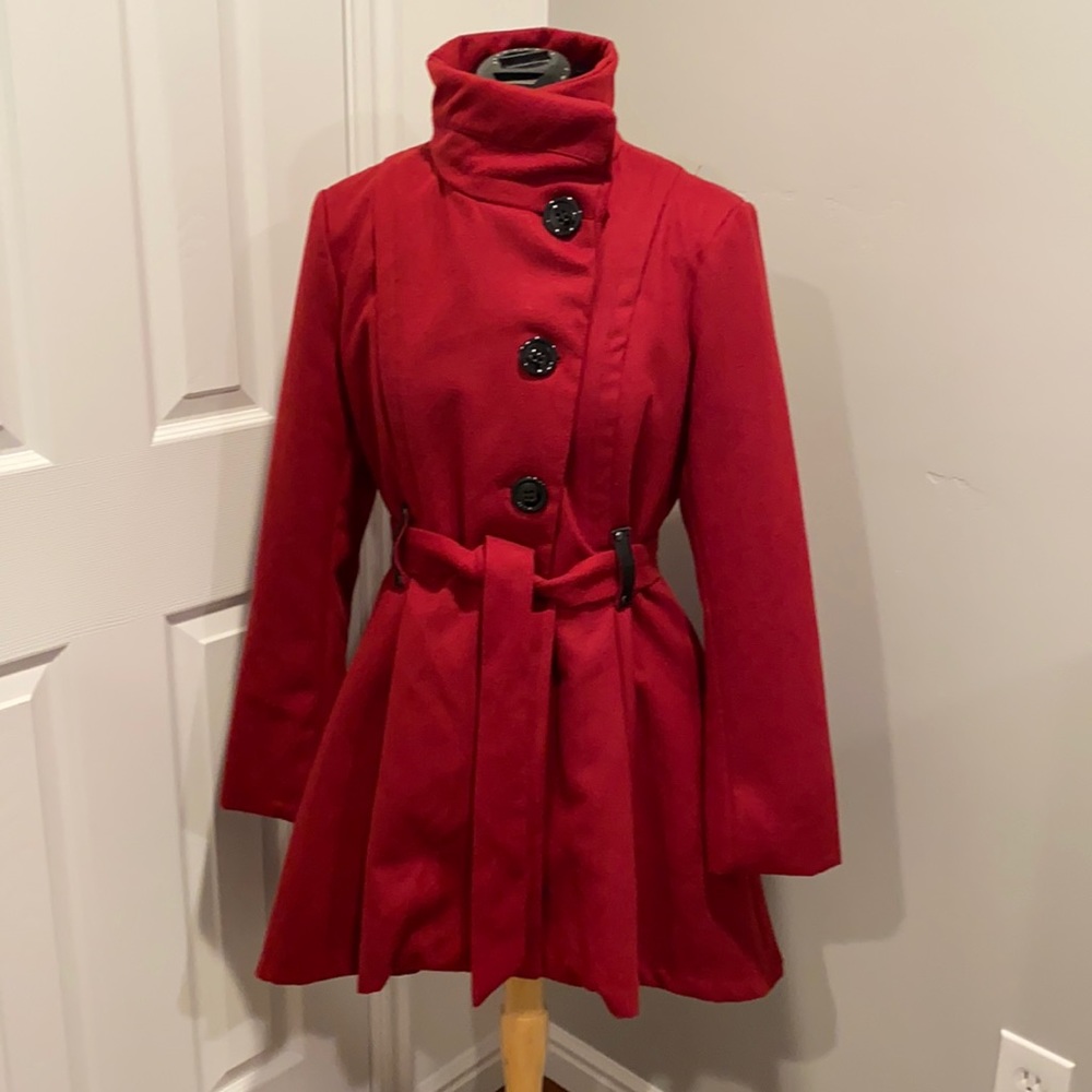 Roz & Ali Women Red Fitted Trench Coat Sz Large